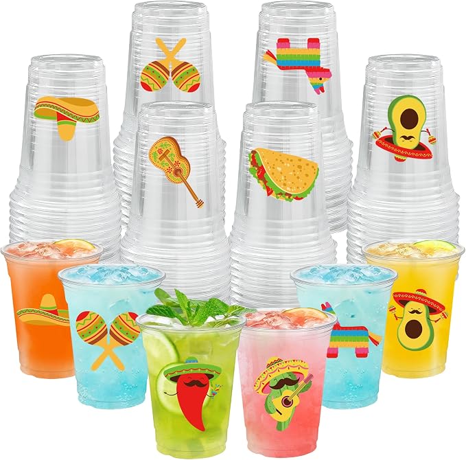 50 Pcs Mexican Fiesta Plastic Cups 16 oz Mexican Party Cups Cinco De Mayo Disposable Cup Clear Drinking Cup Bulk for Taco Birthday Hispanic Heritage Month Party Supplies