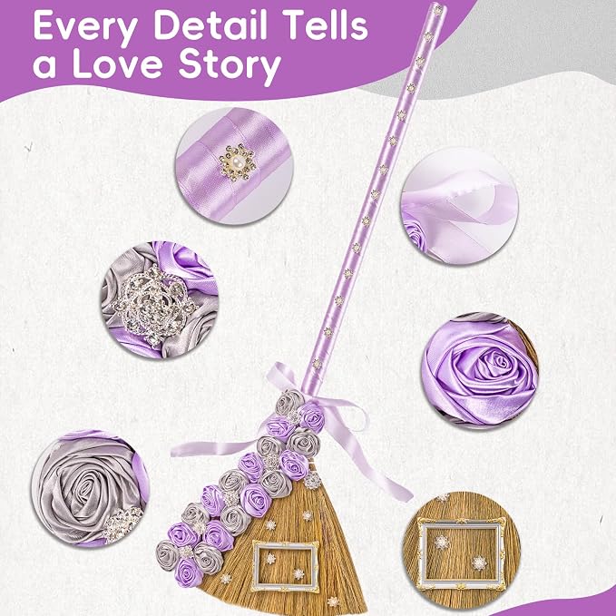 Wedding Broom for Jumping Ceremony, 40 Inch Jump the Broom Kit for African American Wedding, DIY Decoration Set with Velvet Roses, Crystals, Purple Silver