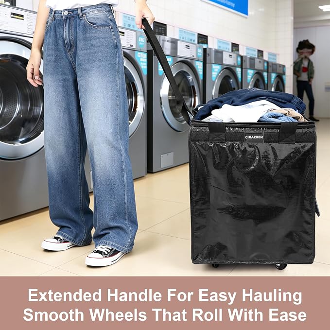 (Medium,Black) Reusable Grocery Bag on 4 Wheels, 70L Foldable Rolling Tote Bag with 3 Handles and Zipper, Rolling Shopping Cart for Groceries, Storage, Laundry, Travel, Organizer, 76lb