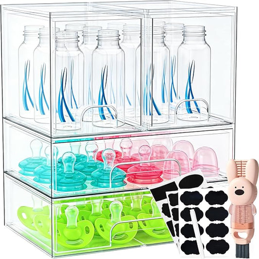 TOOGE Stackable Baby Bottle Organizer: Acrylic Bottle Organizer Baby Storage Drawers Clear Bottle Station Organization for Countertop Cabinet Vanity with 4 in 1 Cup Lid Cleaning Brush & Label - Wide