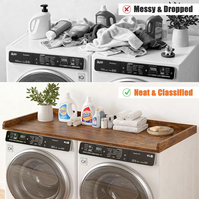 Piskyet Washer Dryer Countertop,Laundry Countertop with Edge Rails,27.5" Depth x 54" Wood Countertop For Washer and Dryer,Laundry Machine Topper for Laundry Room Organization and Storage(Rustic Brown)