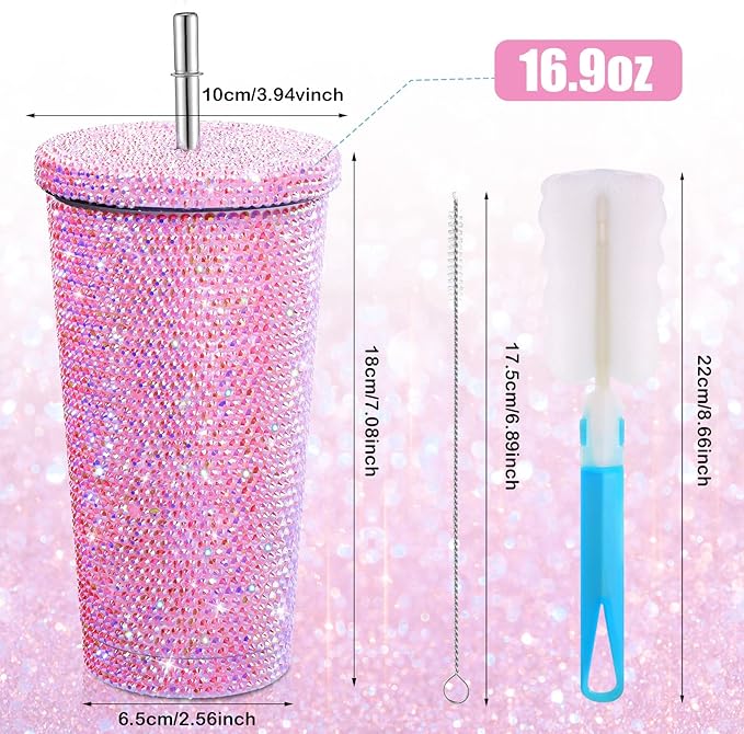 Mimorou Studded Bling Diamond Tumbler Glitter Water Bottle with Lid Stainless Steel Vacuum Thermal Straw Rhinestone Tumbler with 1 Pcs Cup Brush 6 Pcs Straw Brushes for Women(16.9 oz,AB Pink)