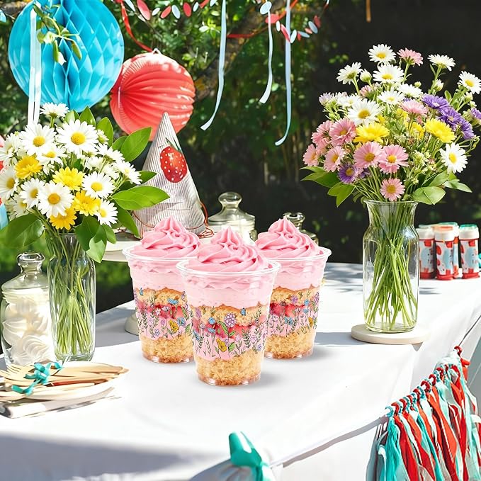 100 Pcs Wildflower Clear Cups 12 oz Plastic Flowers Disposable Drinking Cups Bulk for Spring Groovy Party Floral Baby Shower Birthday Supplies