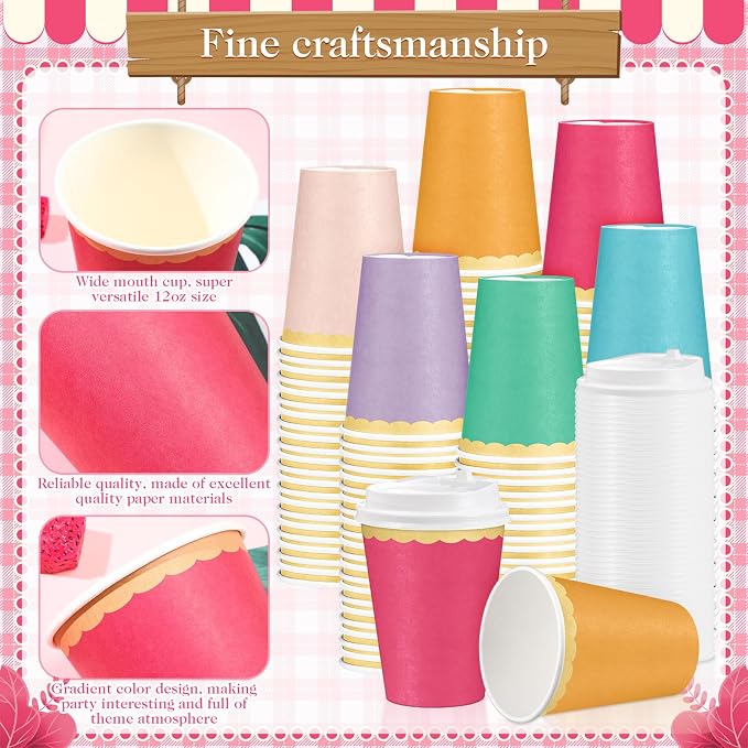 Willinglong 60 Pcs Fall Disposable Paper Cups with Lids 12oz Thanksgiving Coffee Cups with Golden Lace Drinkware for Birthday Baby Shower Bride Holiday Party Business Events DIY Supplies(Candy Colors)