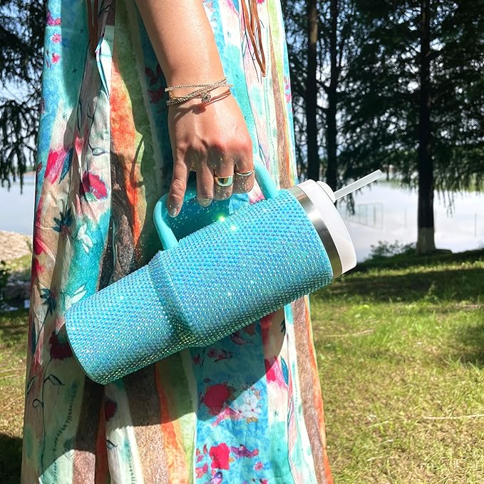 40oz Bling Tumbler with Handle and Straw Lid Rhinestone Studded Tumbler Cups Vacuum Insulated Stainless Steel Double Wall Water Bottle Travel Mug Gifts for Women Her (Blue)