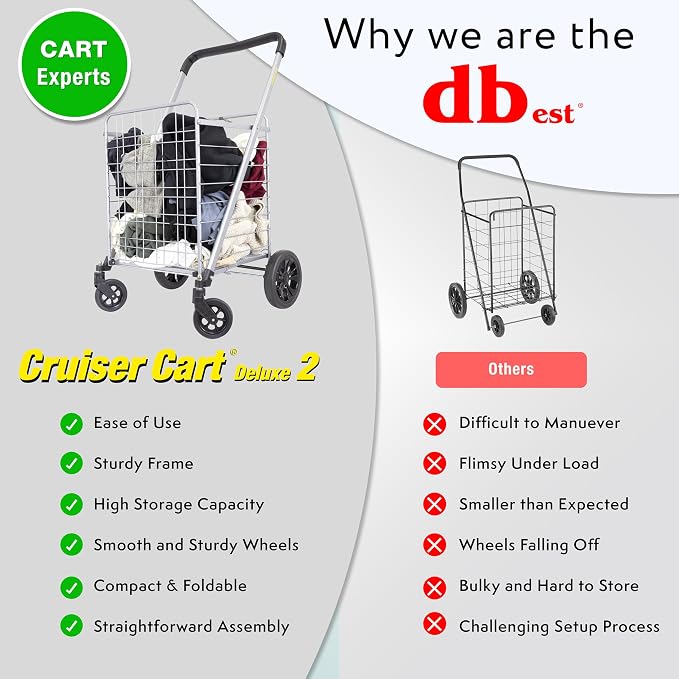 dbest Products Cruiser Cart Deluxe 2 with Liner Bag Bundle Shopping Grocery Rolling Folding Laundry Basket on Wheels Foldable Utility Trolley Compact Lightweight Collapsible