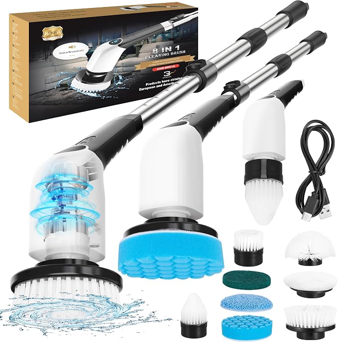 Electric Spin Scrubber,Bathroom Cleaning Brush,Shower Scrubber with Long Handle 8 Replaceable Brush Heads Voice Broadcast 3 Rotating Speeds,Tub Scrubber,Cordless Power Cleaning Brushes Floor Tile