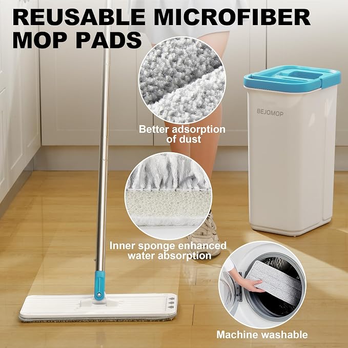 Mop and Bucket Set, 60" Long Handle Mops for Floor Cleaning, Squeeze Flat Mop and Bucket System, Dry & Wet Wall Mop Cleaner for Household Cleaning with 4 Microfiber Mops, Turquoise-Cyan