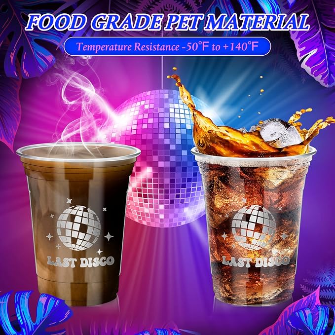 Geyee 48 Pack Disco Disposable Party Cups, 16oz Disco Supplies Ball Disposable Plastic Cup 70s 80s 90s Party Hot and Cold Drinks for Bachelorette Wedding Picnic Summer Favors Supplies