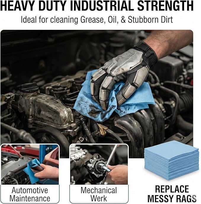 4 Rolls Industrial Cleaning Wipes Jumbo Roll, Heavy Duty Lint Free Shop Towels, Super Absorbent Reusable Cleaning Cloths for Garage Workshop Automotive, 500 Sheets 10 x 12 Inch, Blue