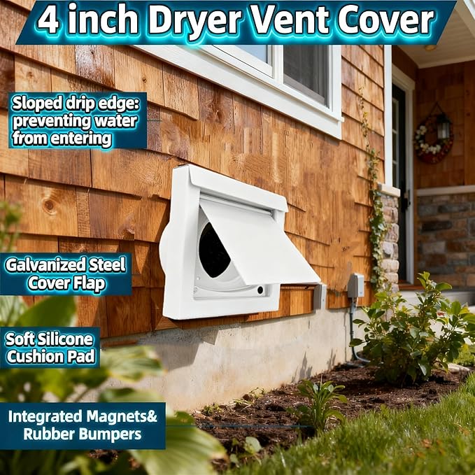 Magnetic Dryer Vent Cover 4 Inch Wall Vent Cap, Low Profile Outdoor Dryer Vent Cover, White Dryer Wall Vent with Dual Door Damper for Clothes Dryer Replacement Vents