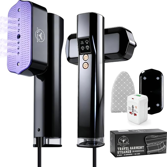 Doer Brands Travel Steamer for Clothes Dual Voltage 110-240V, Handheld Steamer, 1100W Powerful Wrinkle Remover, Ceramic Panel, 3 Steam Levels & 360° Rotating Head,Travel Kit with Universal Adapter