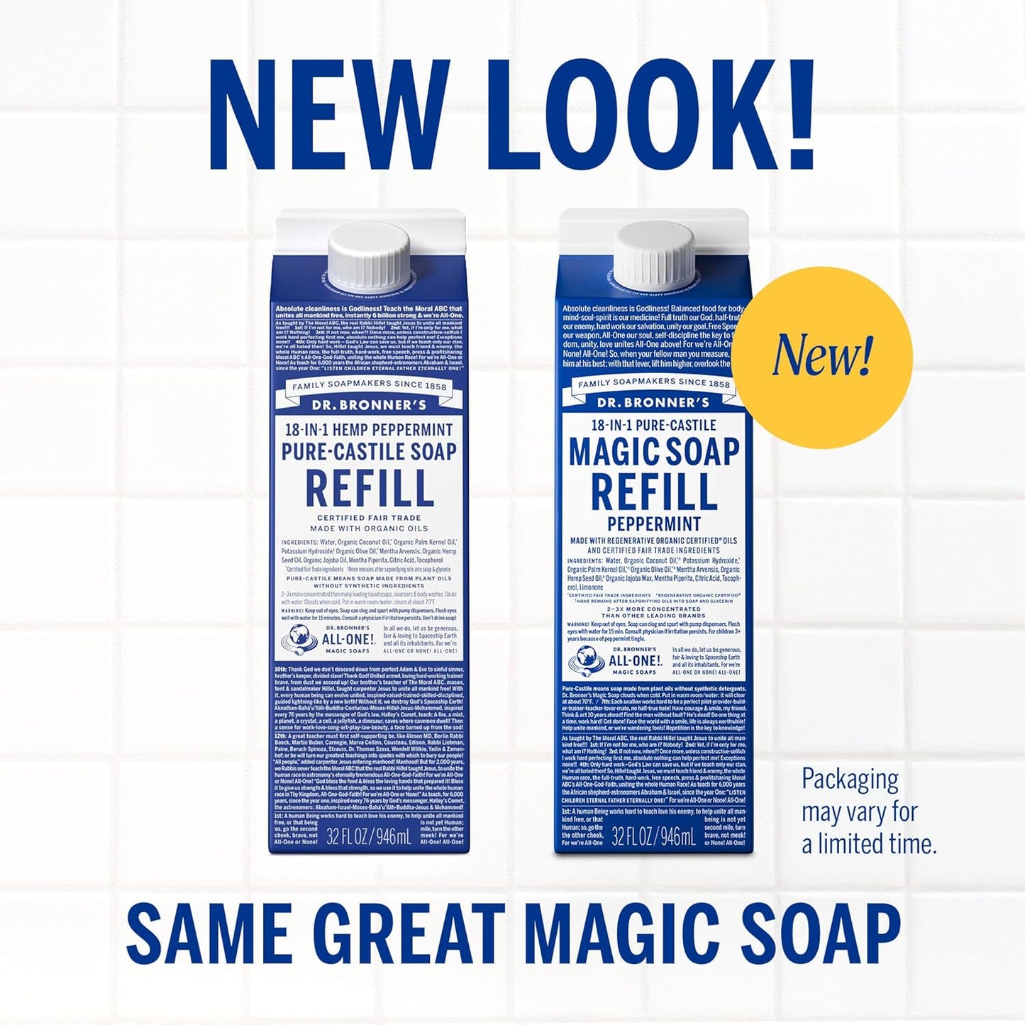 Dr. Bronner's Magic Soap-Pure-Castile Liquid Refill (Peppermint, 32 ounce, 2-Pack) - Regenerative Organic Certified Oils, For Body, Hair, Laundry, Pets & Dishes, Concentrated, Vegan, Non-GMO