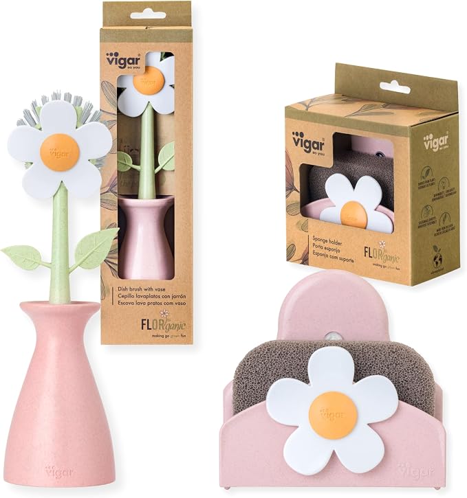 Vigar Florganic Bundle of 2 - Daisy-Shaped Dish Brush with Vase Holder + Daisy Sponge Holder with Suction Cup and Sponge for Kitchen Sink Caddy