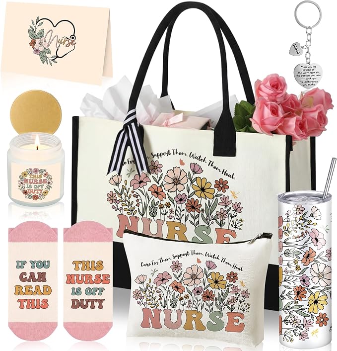 Patelai 7 Pcs Nurse Appreciation Gift Set, Thank You Nurses Gifts with 20oz Tumbler Tote Bag Candle Socks Makeup Bag Keychain Card, Nurse Week Gifts Nursing Graduation Gift for Women Nurses CNA RN