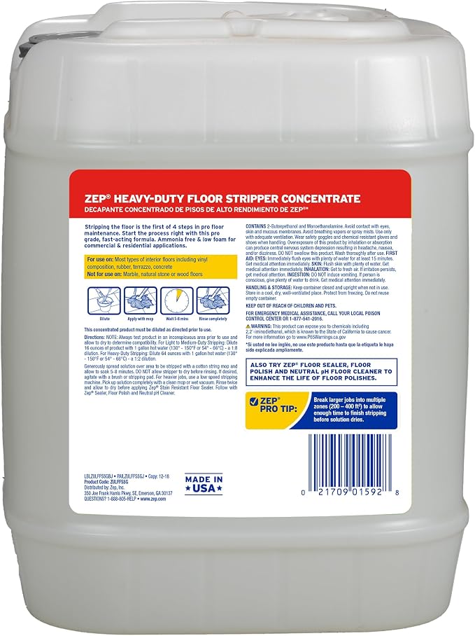 ZEP ZULFFS5G 5GAL Zep Floor Stripper | Dissolves and Removes Polish and Heavy Buildup, Use on Vinyl (VCT), Concrete, Rubber, and No-Wax, 1 Pail