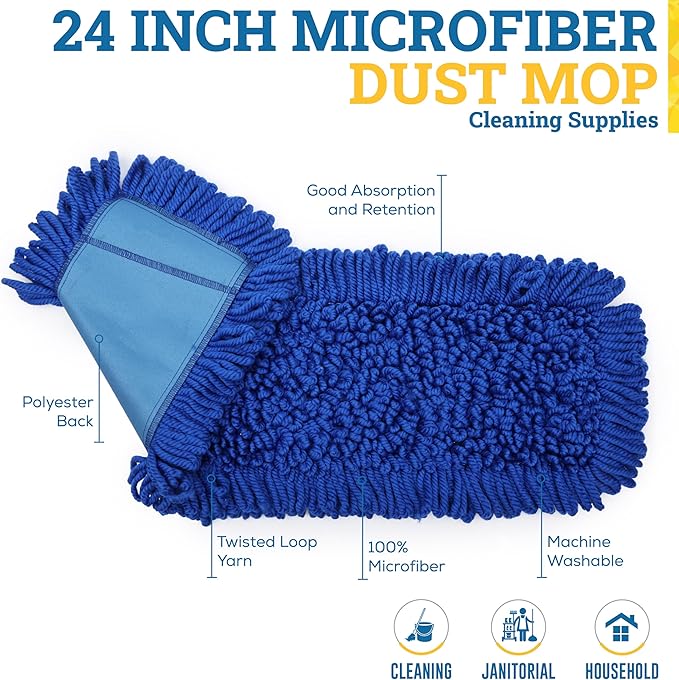 Kleen Handler 24 inch Microfiber Dust Mop | Medium Washable Commercial Mop Head Replacement, Pack of 12