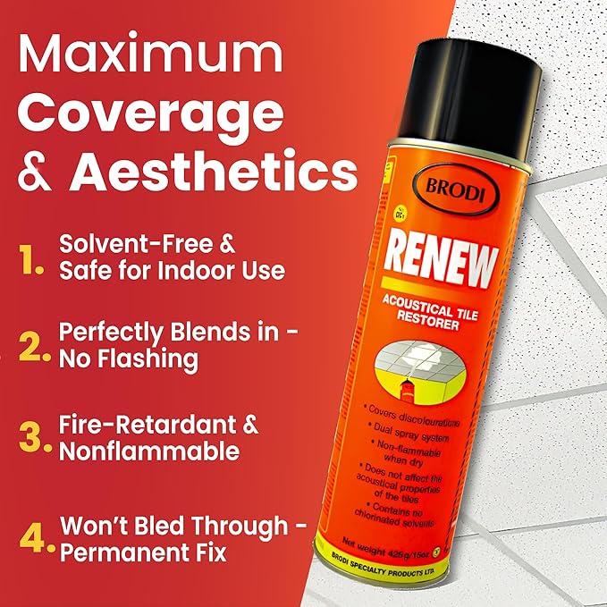 Renew Ceiling Tile Spray Paint, Commercial-Grade, Conceals Water & Smoke Stains, Fire-Retardant, Preserves Acoustics (Pack of 1)