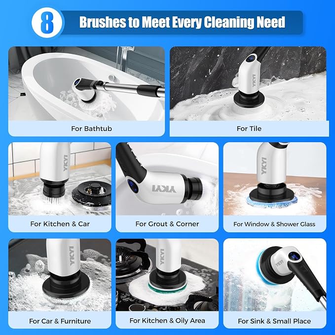 YKYI Cordless Electric Spin Scrubber, Power Cleaning Brush with 8 Replaceable Heads & Extension Handle for Bathroom, Tub, Tile, Floor, Grout, Car