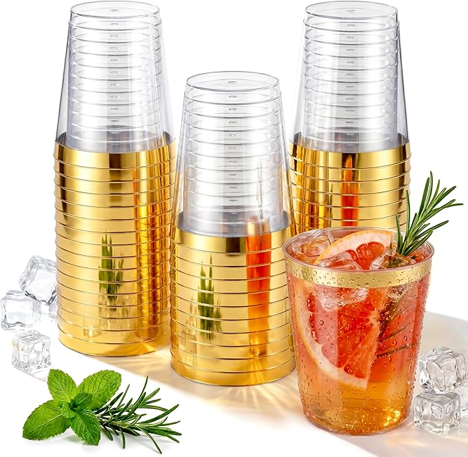 Nervure 120PCS Gold Plastic Cups - 10Oz Gold Rim Plastic Cups - Heavy Duty Disposable Cups - Clear Cup with Gold Rim for Weddings, Birthdays, Gatherings and Party