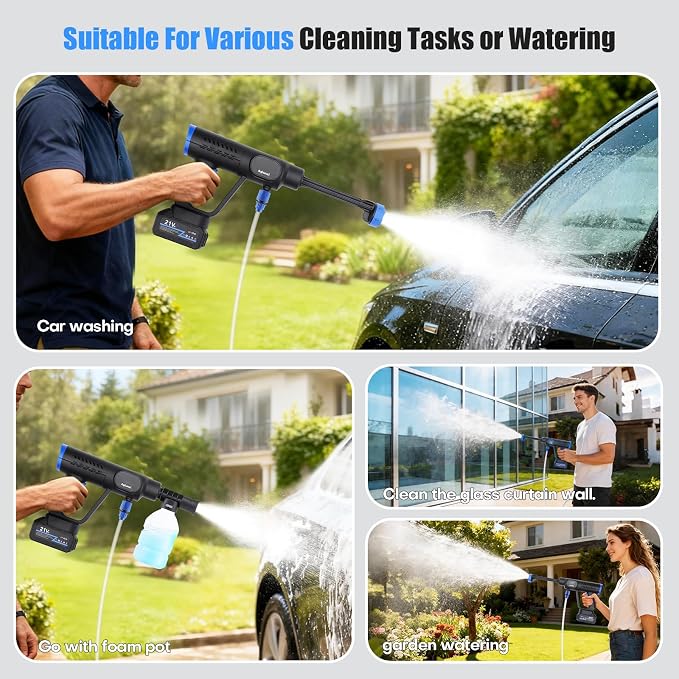 Cordless Pressure Washer Brushless Portable Power Washer 21V | LCD Display, 100 Levels Adjustable, 2x21V Batteries, 6-in-1 Nozzle. Lightweight Car Washer for Patio, RV, Fence & Yard