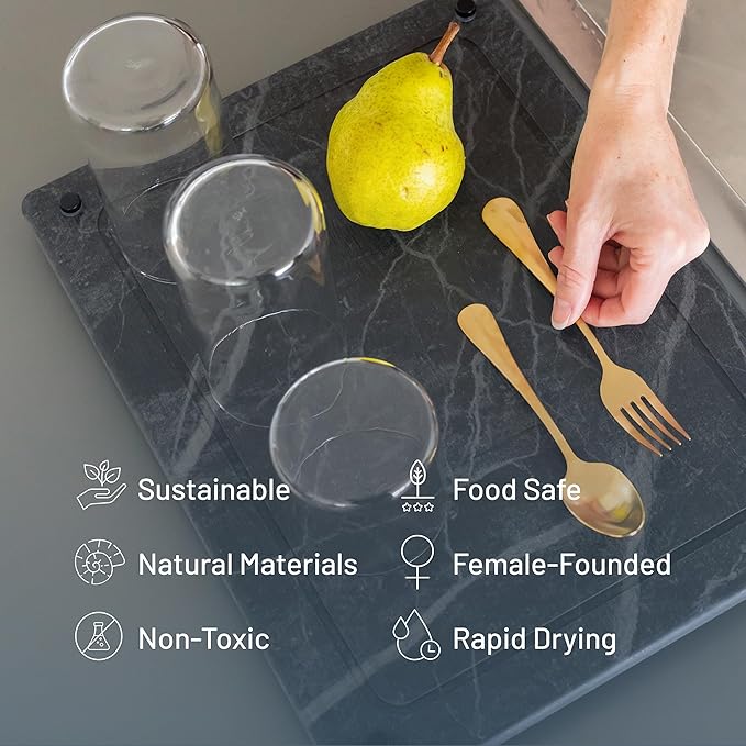 Natural Stone Dish Drying Mat, Standard Size, Slate Color - Diatomaceous Earth Kitchen Mat | Quick Drying, Non-Toxic, BPA-Free, Eco-Friendly | Female-Founded USA Brand (15.7"x11.8")