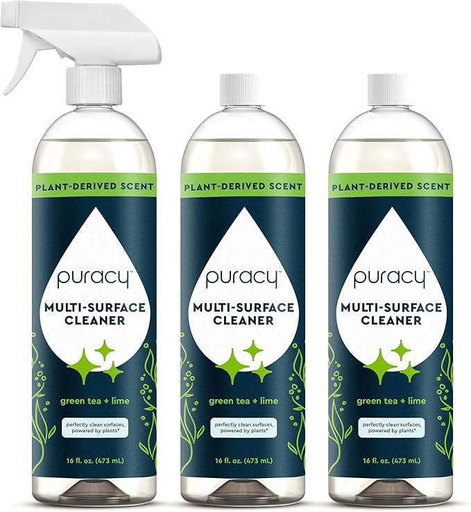 Puracy All Purpose Cleaner Spray – Plant-Powered Multi-Surface Cleaner - Surface Cleaner Solution As Seen on TikTok (Green Tea & Lime, 16 fl oz, 3 Pack)