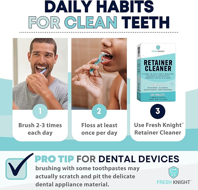 FRESH KNIGHT Retainer Cleaner Tablets 120 - Invisalign Cleaner - Denture Cleaner. Efferdent Retainer Cleaner Tablets, Night Guard, Mouth Guards, Aligners & Dental Appliance Cleaner - 4 Month Supply.