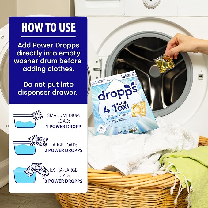 Dropps 4-in-1 Plus Oxi Laundry Detergent Pods, Free & Clear (38 Count) - Unscented Laundry Pods | Odor Defense | Fights Stains | Whitens & Brightens | Clean Ingredients | Plastic Free Packaging