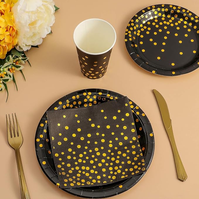 Black and Gold Party Supplies 145PCS Party Dinnerware Decoration Paper Plates, Napkins, Knives, Forks, Cups, Banner, for 2026 New Year Eve, Birthday, Celebrations, Serves 24