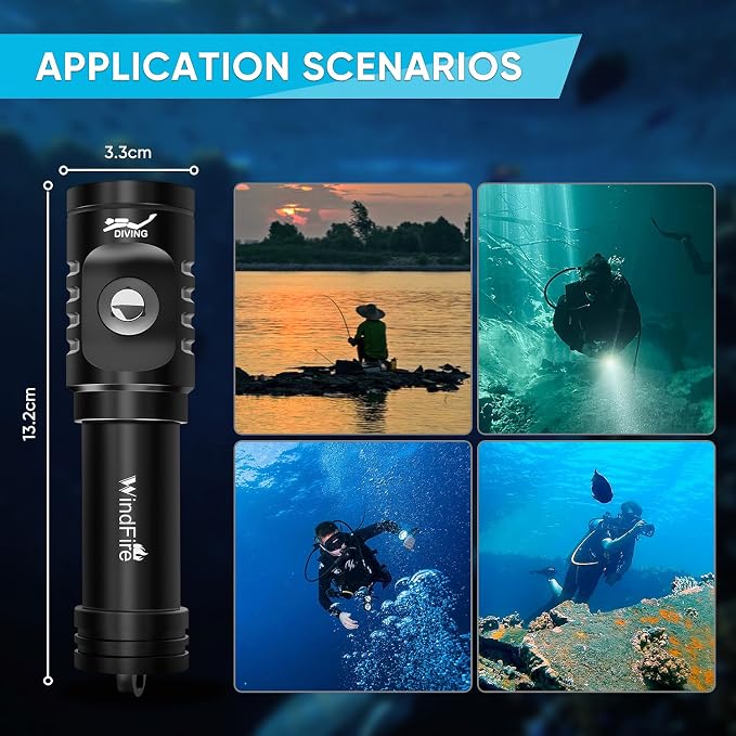 WINDFIRE Dive Light Scuba Diving Flashlight Bright Underwater Flashlight | 3 Modes, Power Indicator, IPX8 Waterproof, Built-in Battery Non-detachable, Long-lasting, Night Diving & Snorkeling