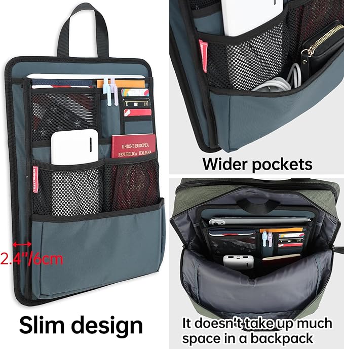 Slim Rugged Backpack Organizer Insert for Business Casual Men Women -13 Pockets,Padded Nylon,Max 14'' laptop-Grayish Blue
