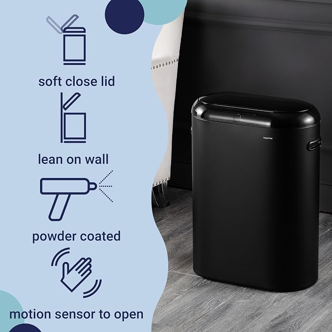 happimess HPM1016B Robo Kitchen 13.2-Gallon Slim Oval Motion Sensor Touchless Trash Can with Touch Mode, Fingerprint Resistant, Modern, Minimalistic for Kitchen, Office, Bathroom, Charcoal Black