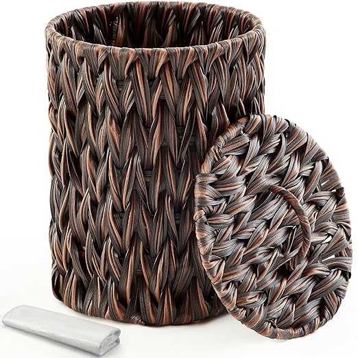 Ctosree 1.3 Gallons Small Trash Can with Lid Handle Boho Woven Braided Bathroom Waste Basket Trash Can with 100 Garbage Bags for Bedroom Office Laundry(Braided Polypropylene, Dark Brown)