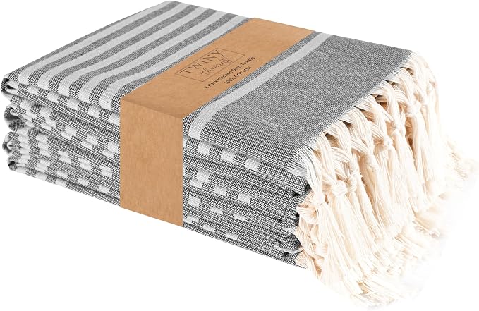 TWINY threads Set of 4 100% Cotton Turkish Kitchen Towels with Hanging Loop & Tassels (18" X 28") | Ultra Washcloth with Fringes | Reusable Hand Towels - Black