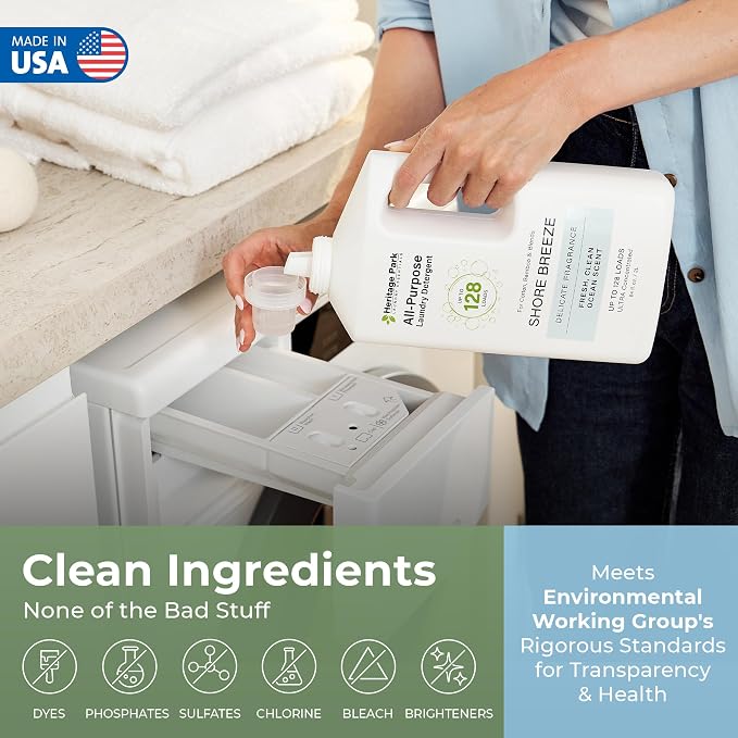 Heritage Park Luxury Laundry Detergent | Dermatologist Tested Plant based Natural & Enzyme Laundry Detergent | Sensitive Skin Friendly - Shore Breeze (64 fl oz Refill)