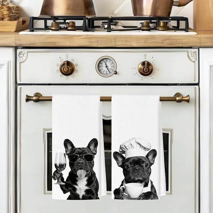 Funny French Bulldog Kitchen Towels Set of 2, Dog Kitchen Bar Accessories, Dog Chef Gifts for Women Decorative Hand Towels for Kitchen Decor, French Bulldog Lovers Dish Tea Towel, 16x24 Inch