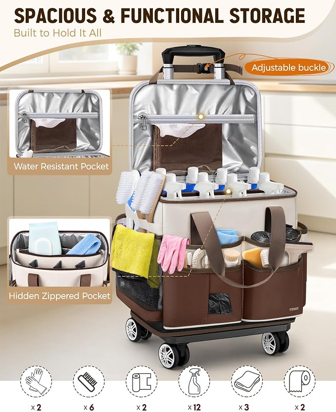 Ytonet Large Cleaning Caddy with 4 Spinner Wheels, Wearable Rolling Cleaning Caddy Bag with Cleaning Apron, Detachable Trolley Portable Cleaning Supplies Organizer Cart for Housekeepers, Car, Tool