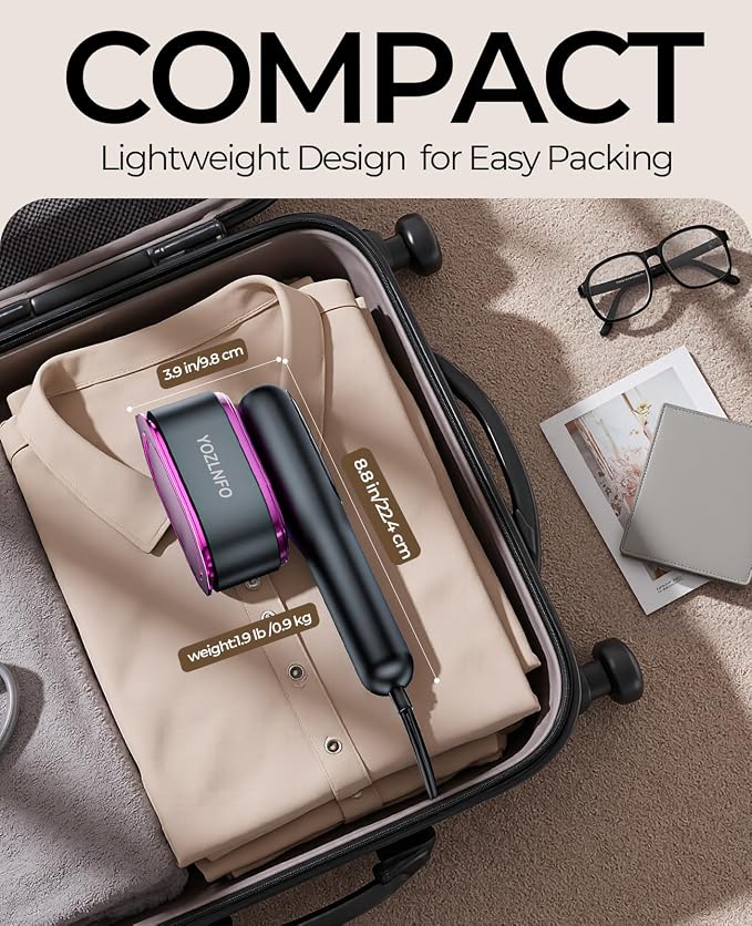 Travel Steamer for Clothes Portable:1200W Steam Iron for Clothes with 𝟏𝟓𝐬 𝐇𝐞𝐚𝐭 𝐔𝐩, 𝟓 𝐒𝐭𝐞𝐚𝐦 Settings - 350°F Large Ceramic Panel, Anti-Drip, 2-in-1 Handheld for Home