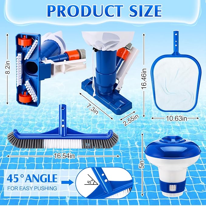Potchen 4 Pcs Pool Cleaning Kit for Above Ground, Includes Vacuum Head, Brush Head, Mesh Skimmer Net and Pool Chlorine Floater, Perfect for Spa Hot Tub Walls Floors Maintenance(Spa Jet)