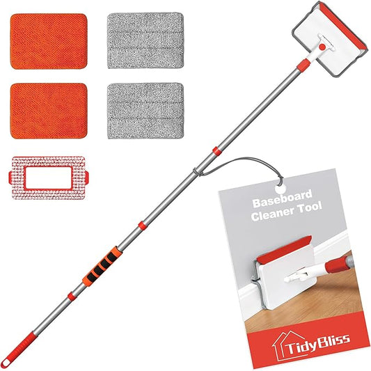 Baseboard Cleaner Tool with Handle, 55.9” Long Wall and Base Board Cleaning Mop, 4 Reusable Pads, 1 Stiff Bristle Scrubber Brush for Floorboard Ceiling Cabinet Window Bathroom Kitchen (Red)