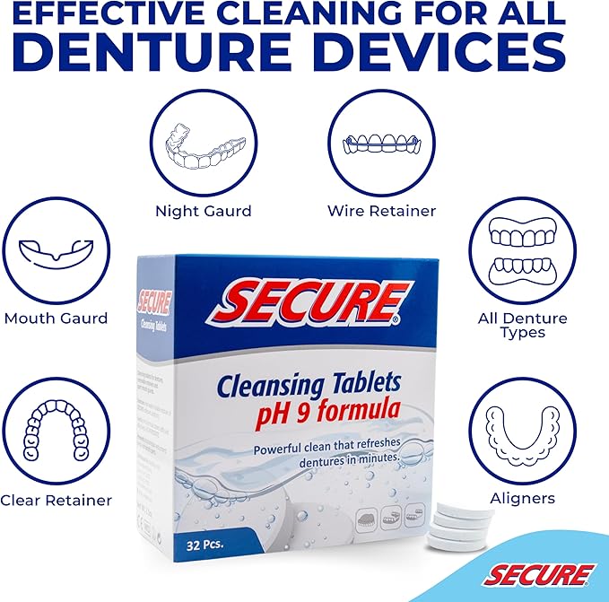 Secure Daily Cleansing Tablets - pH 9 Formula Thoroughly Cleans Dentures - Fights Odors, Stains & Germs - For Dentures, Nightguards, Retainers & Partials - 32 Tablets (1 Pack)