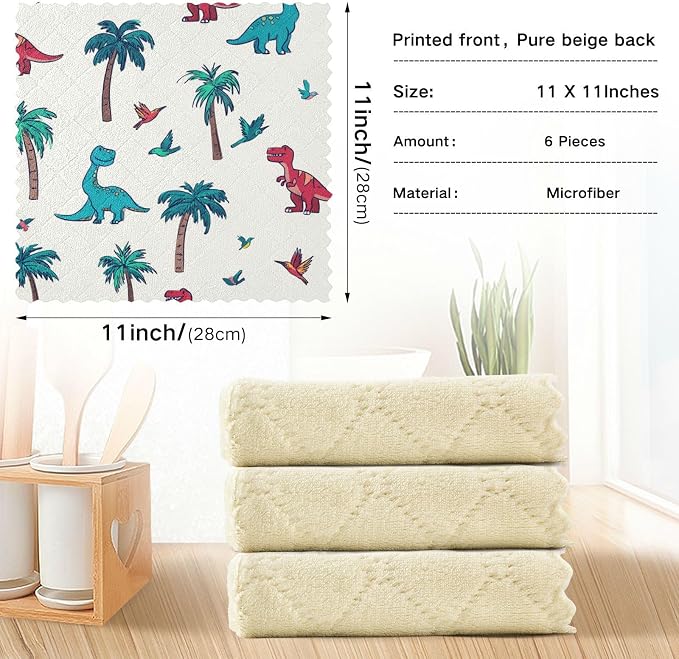 White Dinosaur Hummingbirds Palm Trees Kitchen Towels Dish Cloths Set of 6 Microfiber Cleaning Cloths for Cars Super Absorbent Machine