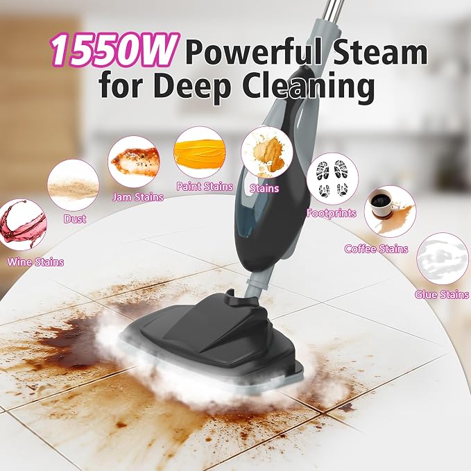 Steam Mop, Handheld Steam Cleaner with 2 Washable Pads, Floor Steamer for Hardwood and Tile, Multipurpose Floor Cleaner Machine for Carpets, Furniture, Windows, 1550W Deep Cleaning, Grey