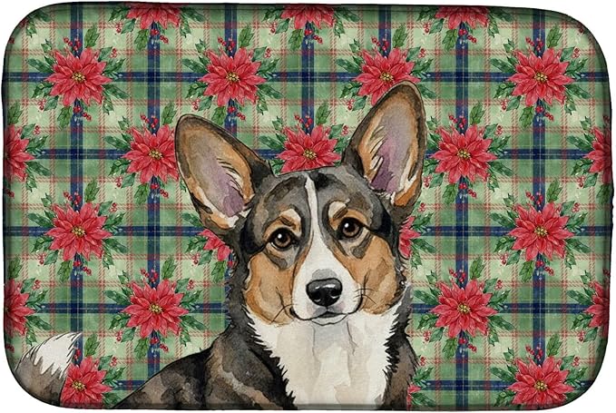 Caroline's Treasures Brindle Cardigan Welsh Corgi Christmas PoinsettIas Dish Drying Mat Absorbent Dish Drying Mat Pad for Kitchen Counter Dish Drainer Mat for Countertop, 14 x 21", Multicolor