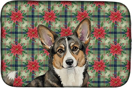 Caroline's Treasures Brindle Cardigan Welsh Corgi Christmas PoinsettIas Dish Drying Mat Absorbent Dish Drying Mat Pad for Kitchen Counter Dish Drainer Mat for Countertop, 14 x 21", Multicolor