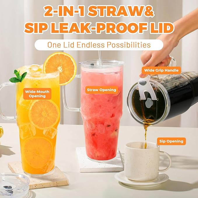 Birity 40OZ Borosilicate Glass Tumbler with Handle,Glass Cup with Lid and Straw-Reusable Iced Coffee Cup with Lid for Boba, Smoothies,Beer,Juice|Suitable for Gifts,Travel,Outdoor,Partys&Home