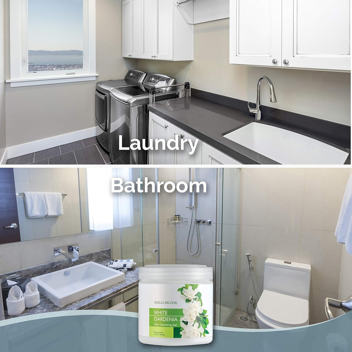 SMELLS BEGONE Air Freshener Odor Absorber Gel - 15 oz, Pack of 2 - Absorbs and Eliminates Odor in Pet Areas, Bathrooms, Cars, & Boats - Made with Essential Oils - White Gardenia Scent