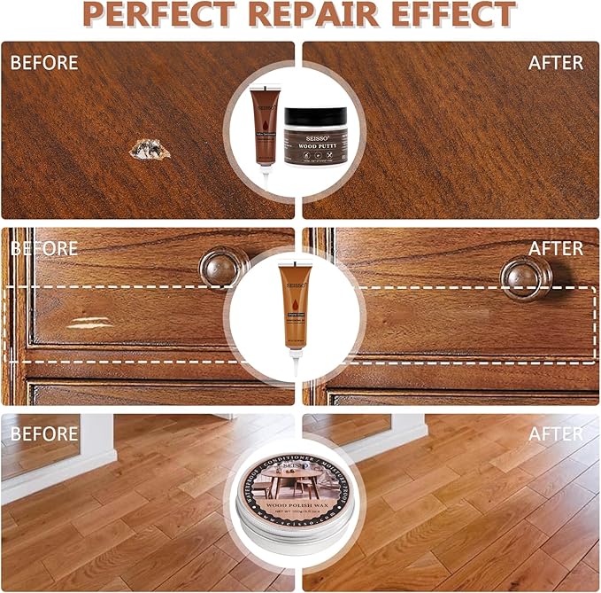 Wood Furniture Repair Kit, 34 Pcs Wood Filler Putty Restore a Finish Wood Floor Scratch Repair, Vinyl Floor Repair Kit for Scratches Holes, Hardwood Floor Door, Cabinet Table, Bedposts