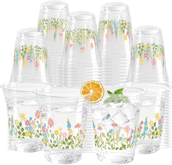 100 Sets Flower Daisy Plastic Cups 12 oz Floral Disposable Cups Spring Daisy Party Favor Drinking Beverage Cup for Baby Shower Birthday Party Supplies